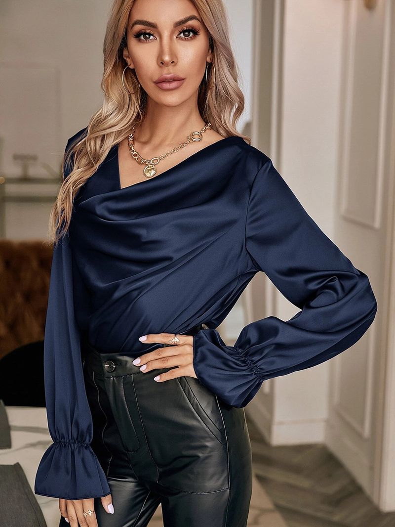Camicia a tubo dritto da donna con collo in pile, pullover in raso dal temperamento elegante_voghion.com