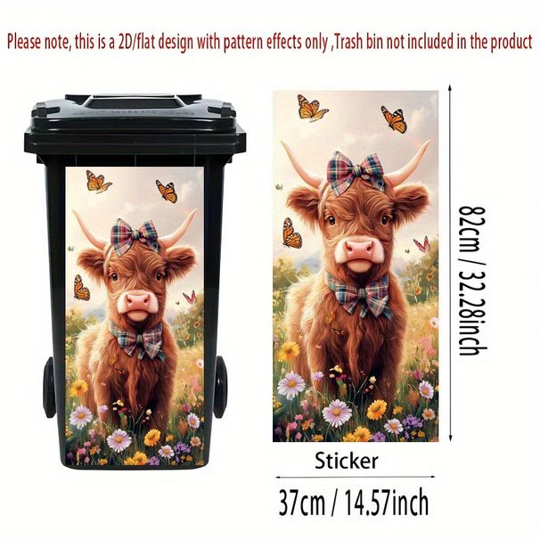 2D Flat Printing 1pc Trash Can Sticker 37×82cm Highland Cow With Plaid Bow Tie And Floral Butterfly Theme Design Self-Adhesive Wallpaper For Kitchen_voghion.com
