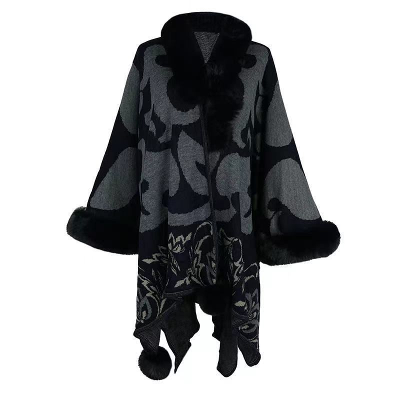 Wool-collar jacquard knit shawl cape hairball plus size cardigan coat_voghion.com