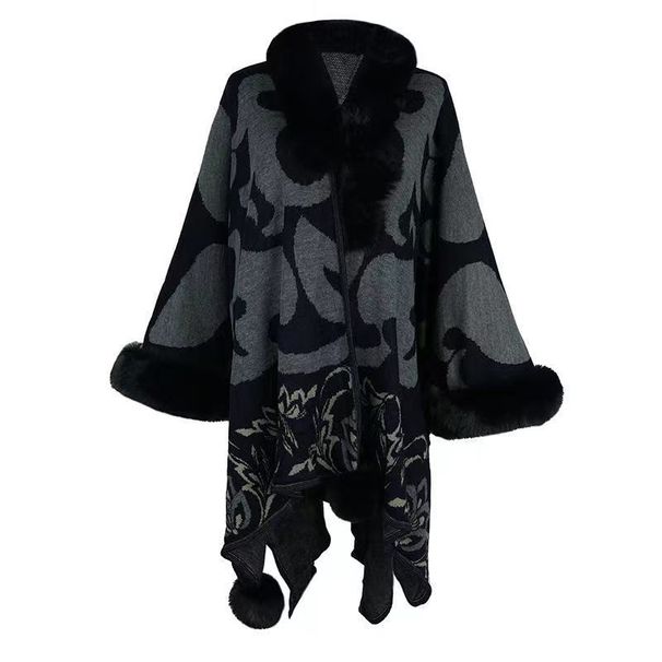 Wool-collar jacquard knit shawl cape hairball plus size cardigan coat_voghion.com