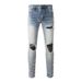 Herren Jeans mit Lederpatches, Streetwear-Löcher, zerrissene High-Stretch-Hose, hellblaue, schmal zulaufende Hose_voghion.com