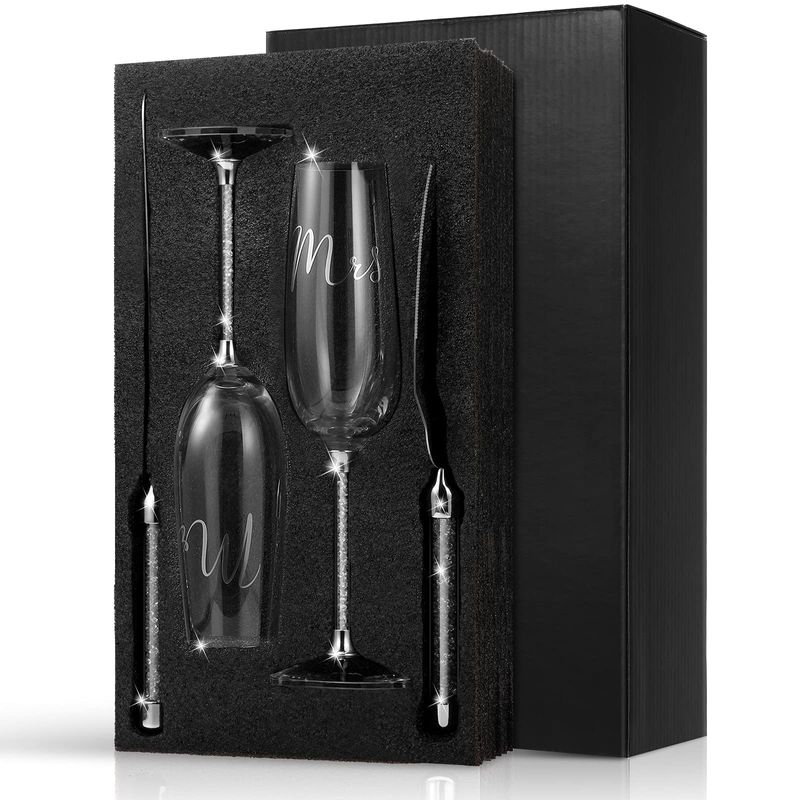 Ensemble cadeau de verres à champagne à tige diamantée Barware Source Factory, verre à champagne de mariage chaud, couteau à gâteau, pelle, ensemble de 4 pièces_voghion.com