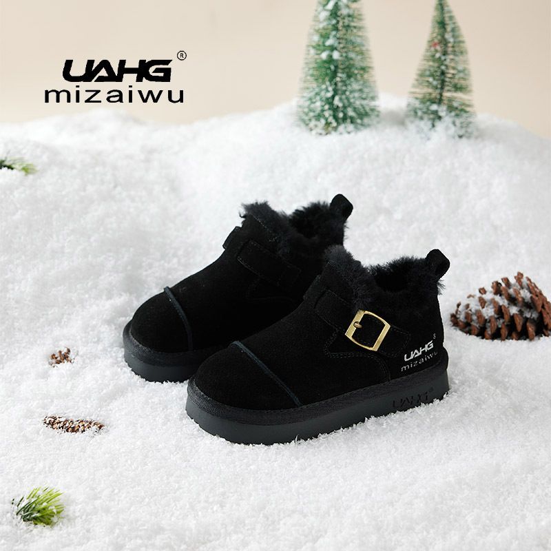 Kid's Clothing Children's snow boots real leather real fur boys patchwork short boots plus velvet and thick girls stylish cotton boots magic sticker_voghion.com