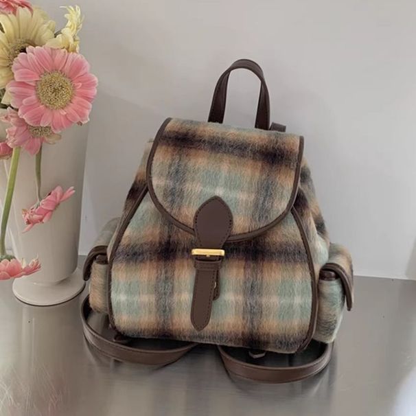 Vintage Woolen Velvet Whi Checkered Autumn Winr College Style Student Backpack For Women Commuting Simple British_voghion.com