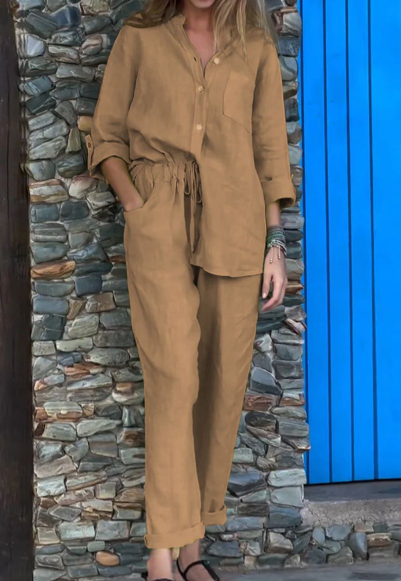 [Coton et lin] Ensemble 2 pièces pour femme, chemise grande taille en coton et lin, pantalon ample taille haute_voghion.com