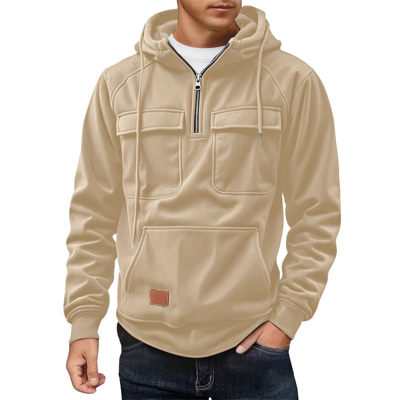 Giacca da uomo in velluto a coste con cappuccio e cerniera - Cappotto casual con tasche multiple in stile vintage per l'autunno_voghion.com