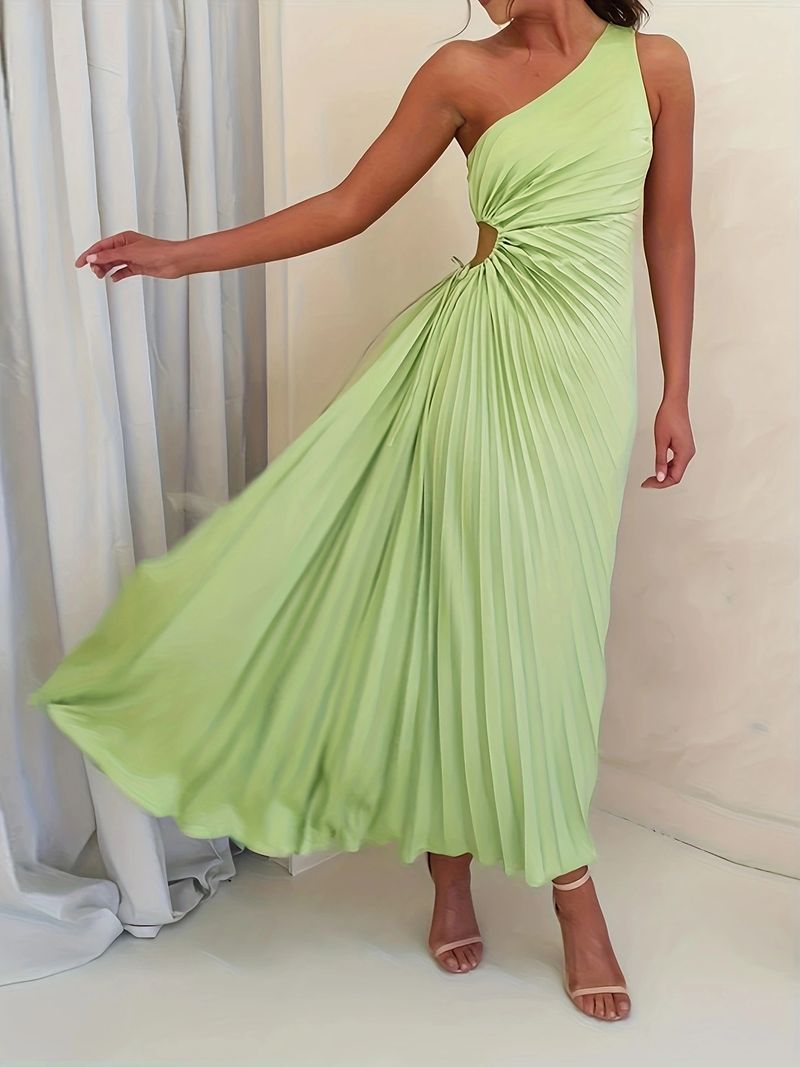 Neues Ein-Schulter-Kleid mit diagonalem Hals für Damen im Herbst und Winter, einfarbiges Crêpe-Kleid_voghion.com
