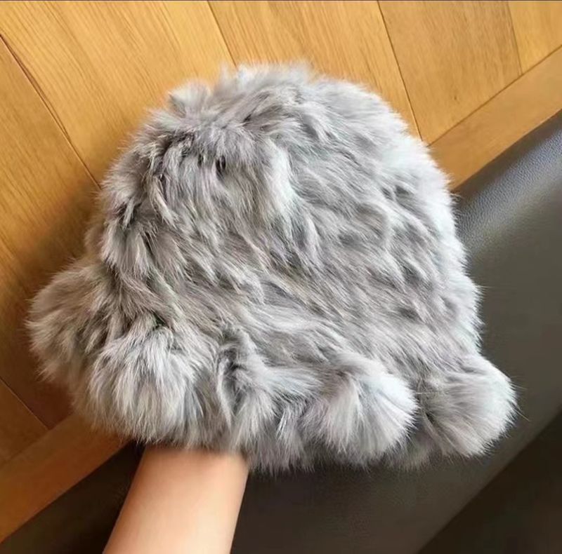 True rabbit hair white plush hat for women in autumn winter to keep warm and show off their face, small ear_voghion.com
