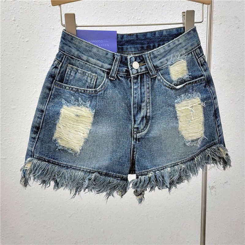 Nošene jeans kratke hlače, ženske tanke poletne hlače A-kroja z naborki, široke nogavice v stilu Instagrama_voghion.com