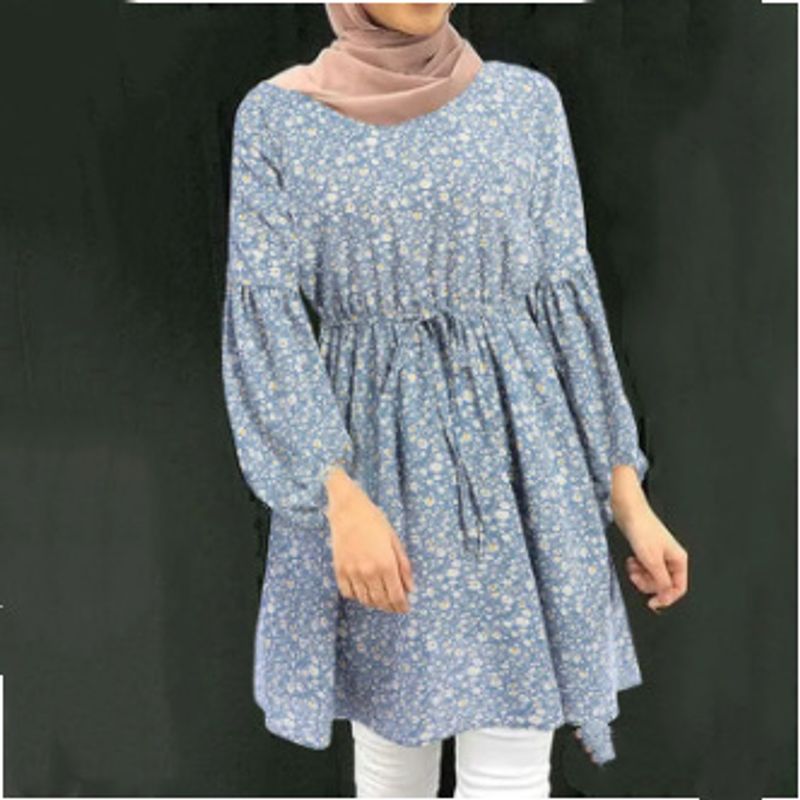 Women's Muslim spring and autumn casual long-sleeved round neck lace-up floral print dress_voghion.com
