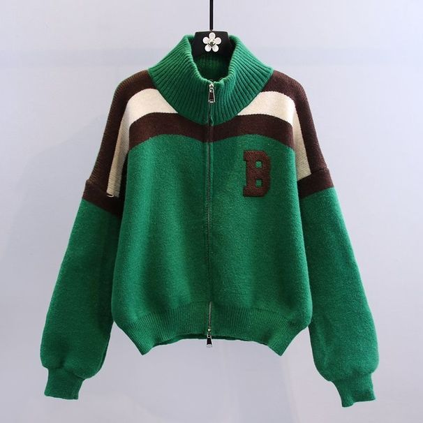 Sieviešu apģērbs rudens jauns korejiešu brīvs slinks stila adīts kardigans ar krāsu atbilstošu burtu pusapkakles džemperis un jaka sievietēm_voghion.com