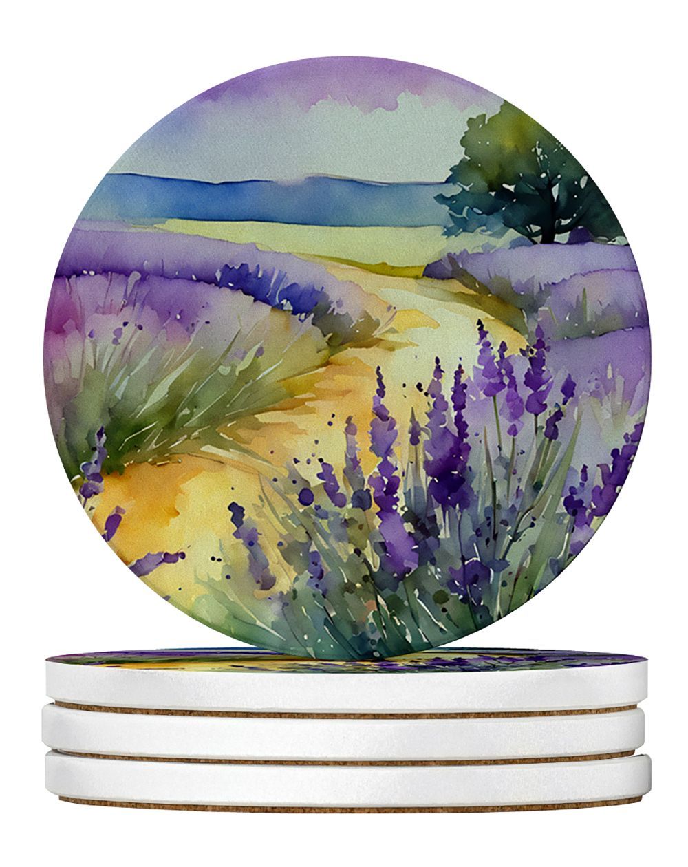 Lavender In Watercolor Large Sandstone Coasters Pack Of 4 Absorbent Round Coasters Decor Gifts For Men Or Women, 4 In, Multicolor_voghion.com