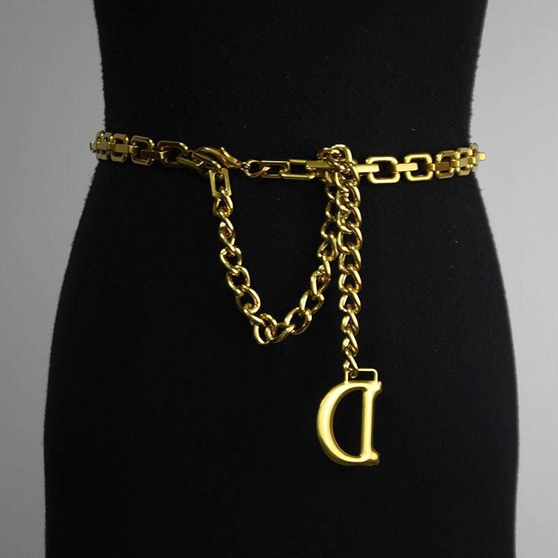 Gürtel, Kette, Vielseitige Haken, Accessoires, Schmales Dekoratives Langes Hemd, D-Knopf Metall Damen Gold Taillenkette_voghion.com