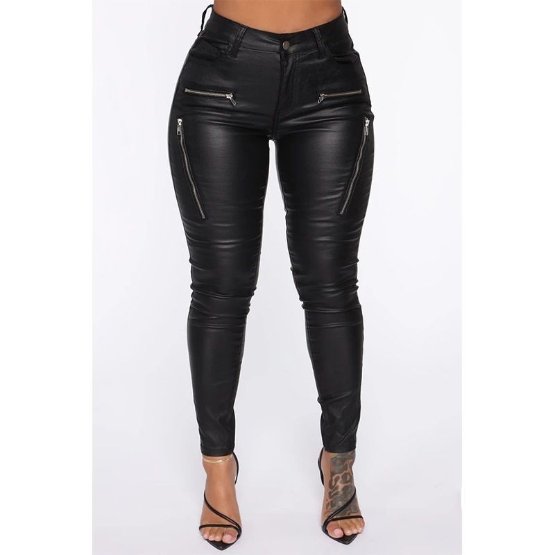 Women's fashion tight casual belt pocket small leg pants women's zipper mid-waist leather pants_voghion.com