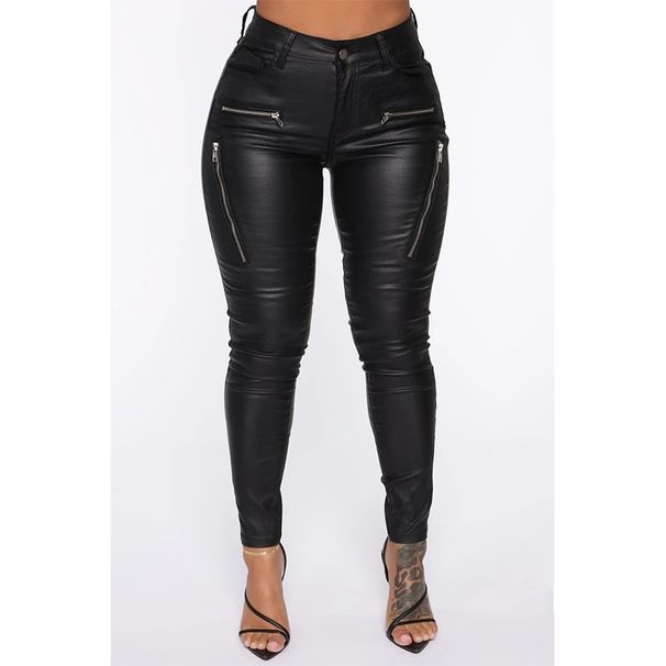 Women's fashion tight casual belt pocket small leg pants women's zipper mid-waist leather pants_voghion.com