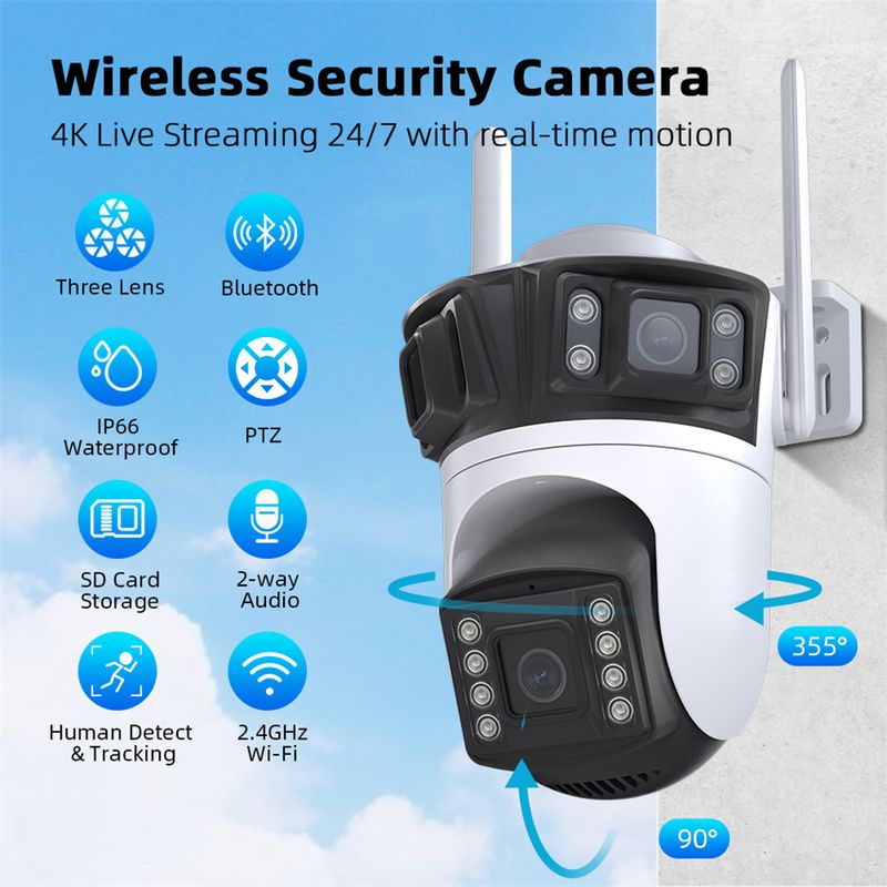 Telecamera Icsee 3 Eye 3 Screen HD intelligente senza fili WIFI per interni ed esterni a colori a 360 gradi, impermeabile, con telecomando_voghion.com