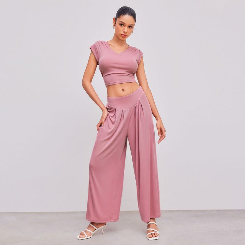  vestito casual da donna in stile semplice e alla moda, vestito estivo in due pezzi con pantaloni larghi a gamba larga_voghion.com