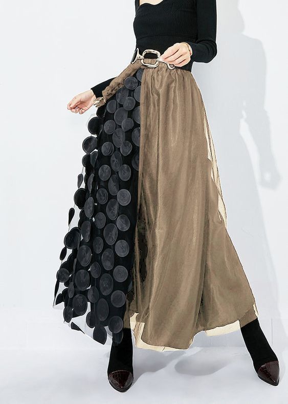 Gonna lunga di grandi dimensioni con elastico in vita e giunture in rete elegante alla moda da donna_voghion.com