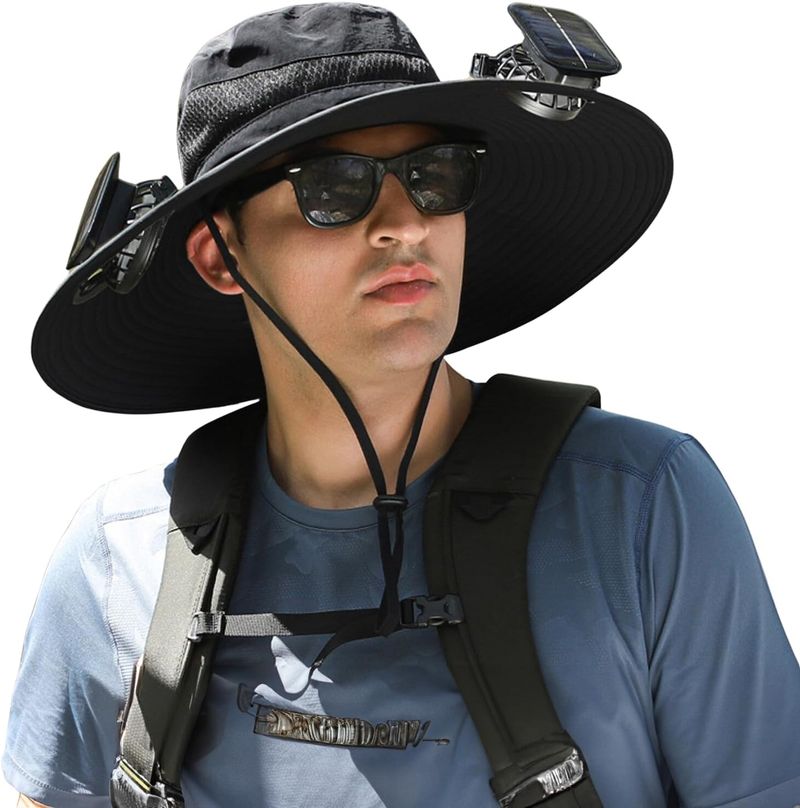 Outdoor Wide Brim Sun Hat With 2 Solar Fan Sun Bucket Hat For Men Women UPF 50+ Bucket Fishing & Beach Hat With Fan Built In_voghion.com