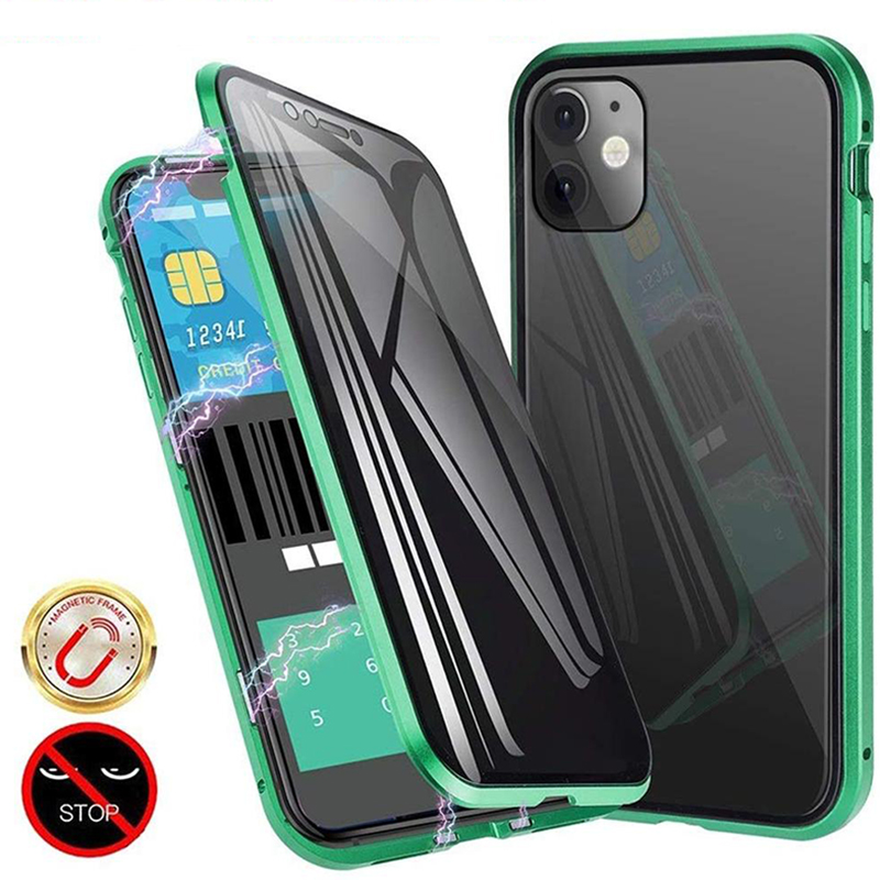 Privatsphäre Magnetische Hülle für iPhone 14 13 12 11 Pro Max 12Mini 13Mini X XR Doppelseitige Anti-Peeping-Metallabdeckung aus gehärtetem Glas für iPhone 8 7 Plus SE2_voghion.com