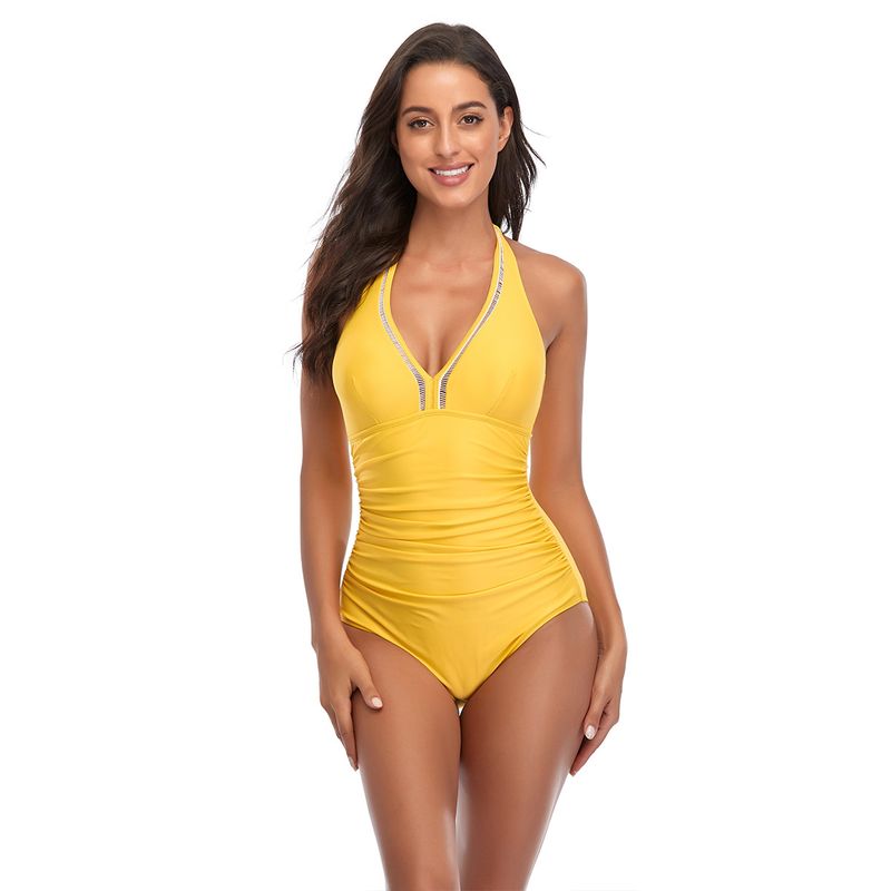 Women's Clothing New Tight Solid Color One Piece Swimsuit Solid Color Bikini Female Hollow Conservative_voghion.com