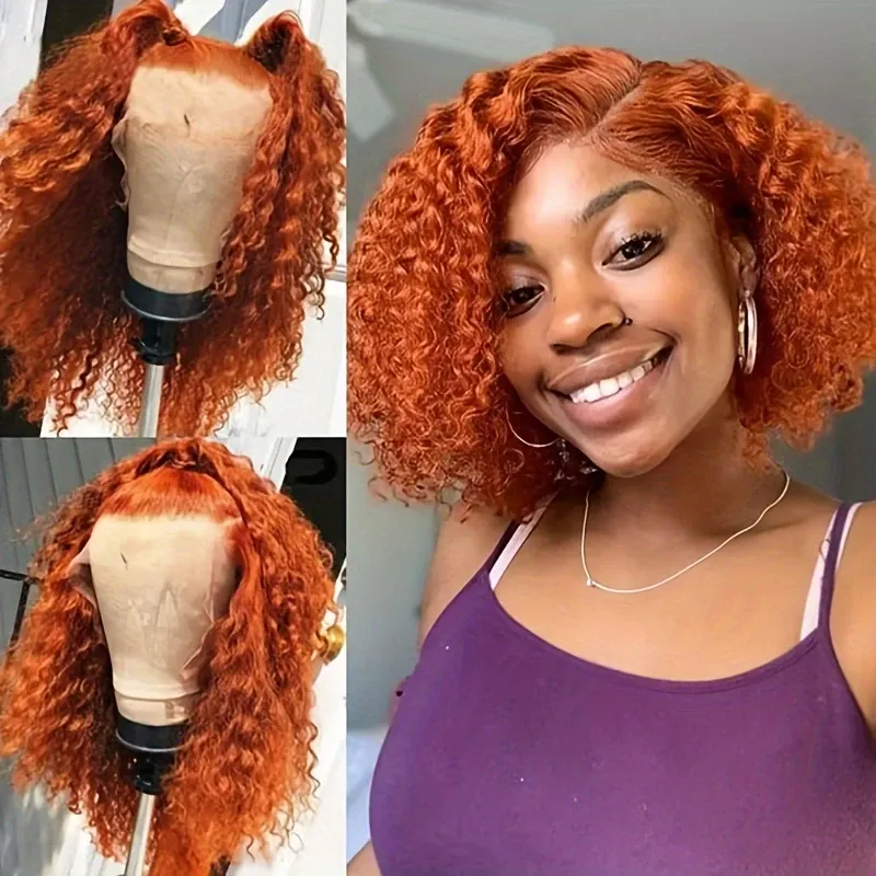 Ingwer-orange Bob-Perücke, transparente Lace-Front-Perücken aus Echthaar für Frauen_voghion.com