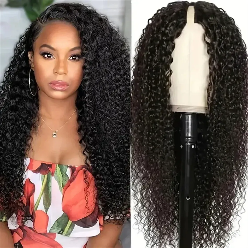 V Part Wig Water Wave Human Hair V Shape 180% Density Natural Color Curly Brazilian Wigs Machine Made_voghion.com