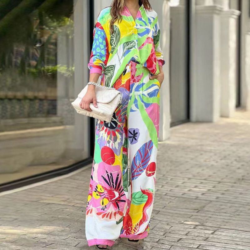 Women's Style Printed Loose Long Sleeve Wide Leg Pants Fashion Suit_voghion.com