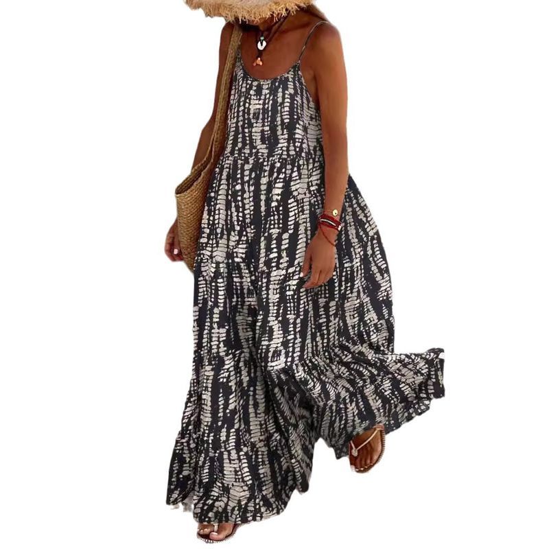 Gestuftes Maxikleid für Damen, Spaghettiträger, Batikdruck in Schwarz und Beige, lässiges Sommerkleid_voghion.com