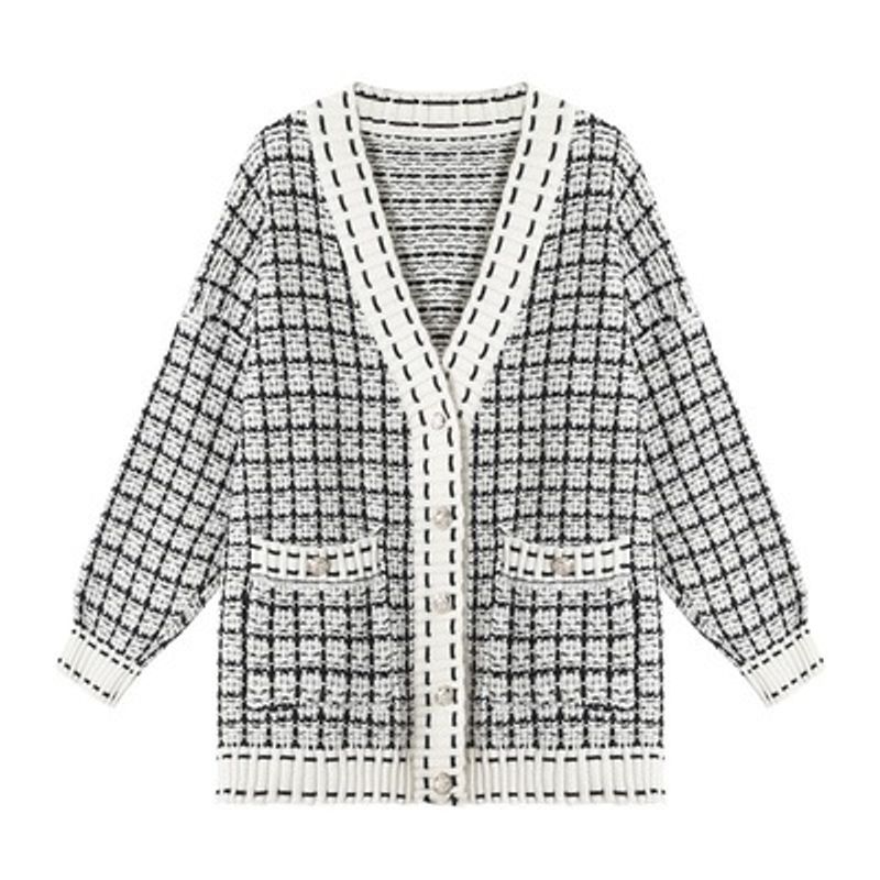 Maglione oversize in stile casual e casual da donna, cardigan lavorato a maglia con motivo scozzese, comodo maglione a maniche lunghe con scollo a V per autunno e inverno_voghion.com