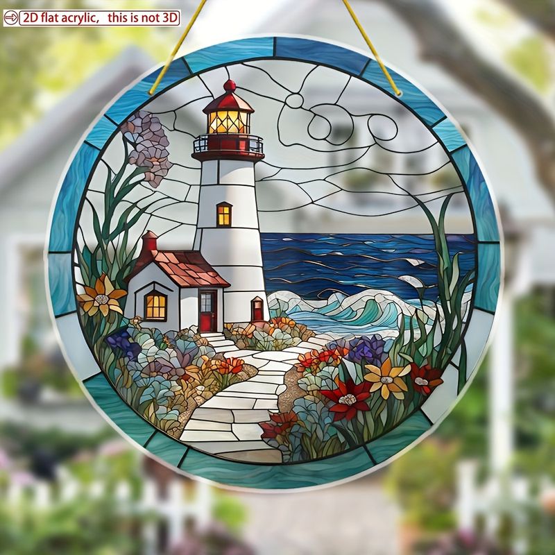 Atrapasol con forma de faro costero: arte acrílico vibrante de 20 cm. Decoración con encanto náutico para hogares junto al mar o un obsequio marítimo considerado._voghion.com