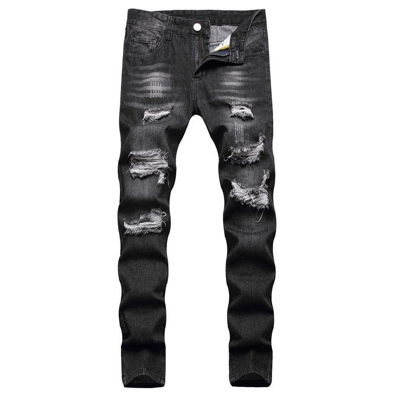 Hersteller-Lagerbestand Sommer Schwarze europäische und amerikanische Freizeithose für Jugendliche Nicht elastische, mittelhohe, mehrlochige, gerade Jeans_voghion.com