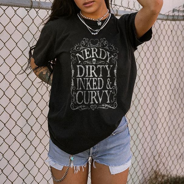 Women's fashion letter graffiti short sleeve cool Printed Letters Women's Round Neck T-Shirt Short Sleeve_voghion.com