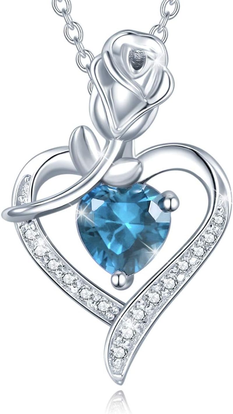 AGVANA Mothers Day Gifts Rosy Reverie Birthstone Sterling Sier Genuine or Created Gemstone Rose Flower Heart Pendant_voghion.com
