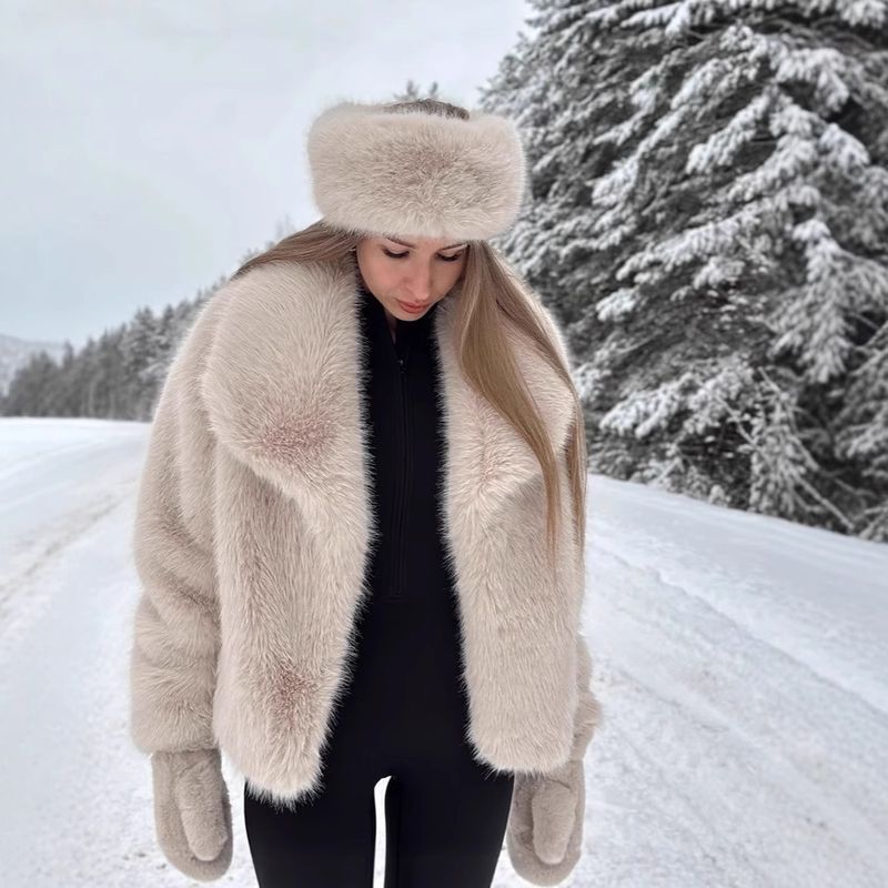 Cappotto invernale da donna in pelliccia sintetica di lusso con revers oversize – Cappotto in pelliccia sintetica morbida e soffice, elegante stile pendolare, beige_voghion.com