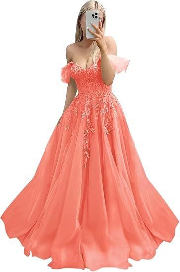 Şeffaf Dantel Aplikeli Omuz Açık Balo Elbisesi - Balo ve Düğünler İçin A Kesim Uzun Abiye Elbise (25 Renk) - US 0-28W_voghion.com