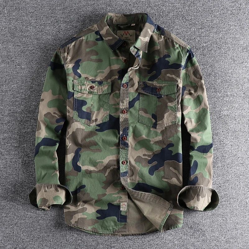 Camicia da lavoro a maniche lunghe da uomo in stile mimetico mimetico Fashion Wash, camicetta militare casual da uomo con doppie tasche_voghion.com