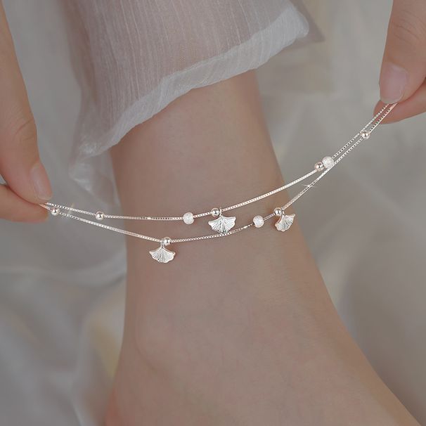 Pure silver ankle chain for women's light luxury niche Korean version versatile high-end gingko leaf double-layer foot_voghion.com