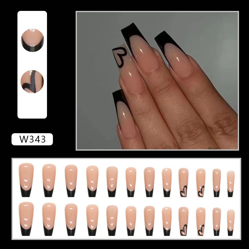 Sweet and Cool False Nails, Black French Simple Love Long Ballet Tablets, 24 ταμπλέτες νυχιών του Αγίου Βαλεντίνου_voghion.com