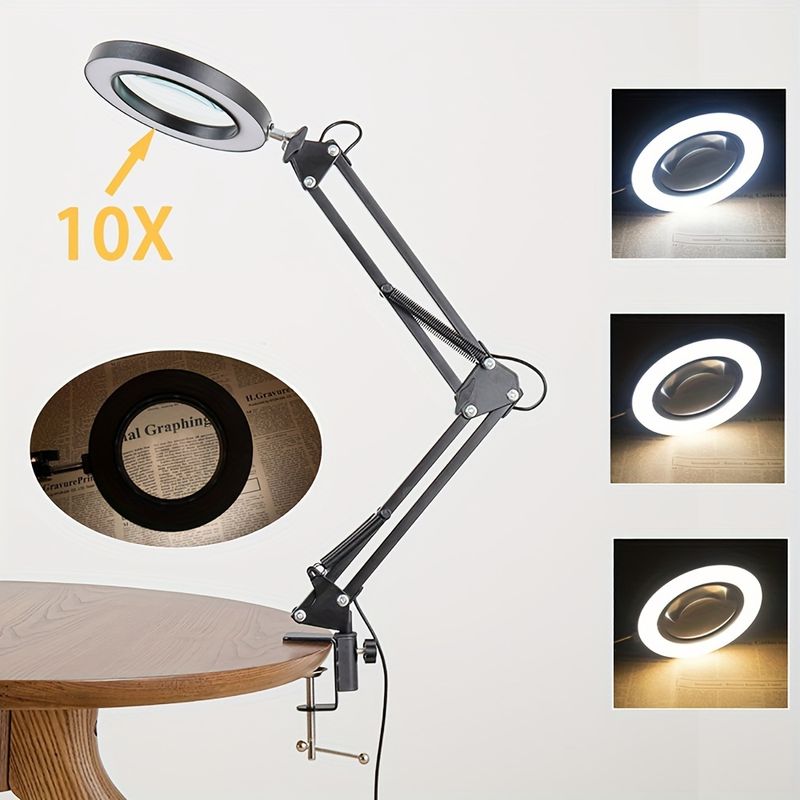 1pc 10X Lighted Magnifying Glass With Light And Stand, 3 Color Modes Stepless Dimmable, 360° Adjustment, With Fixed Fixtures_voghion.com