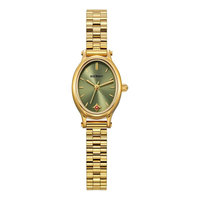 Montre à quartz BERNY pour femme, montre-bracelet de luxe tendance, style vintage, bracelet en acier inoxydable doré, petite montre pour femme, résistante à l'eau jusqu'à 3 ATM_voghion.com