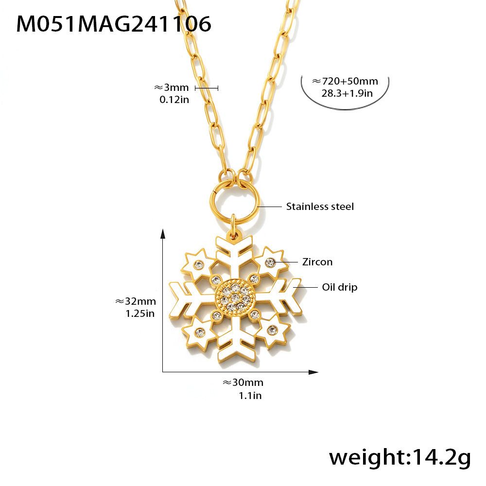 Zircon Dripping Oil Romantic Christmas Snowflake Pendant Necklace Stainless Steel Sweater Chain Fashion Match_voghion.com