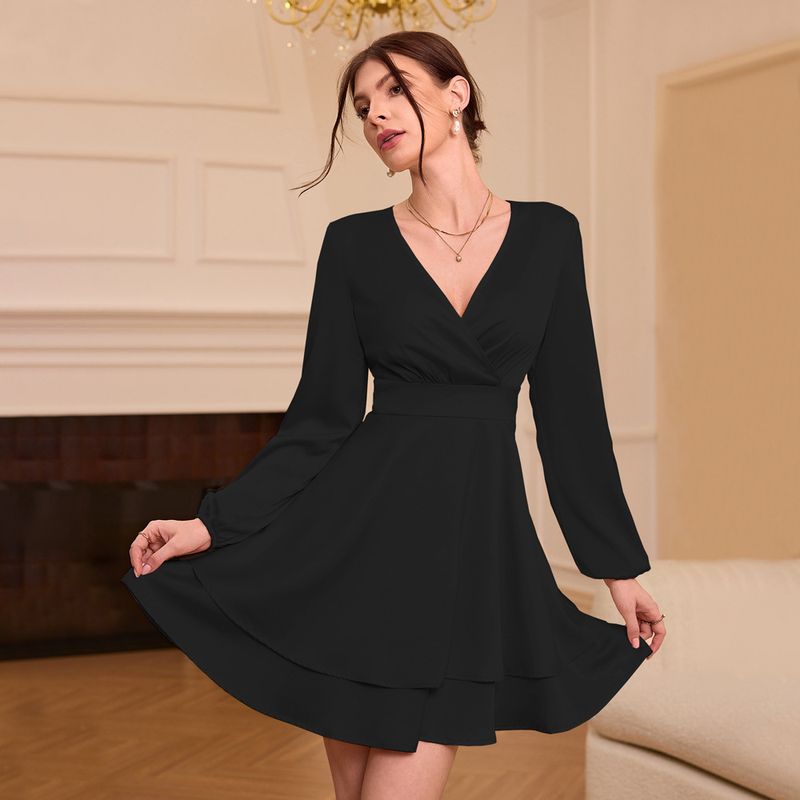 Nuovo elegante abito corto in raso con scollo a V e maniche a lanterna, vestibilità aderente, autunno inverno_voghion.com