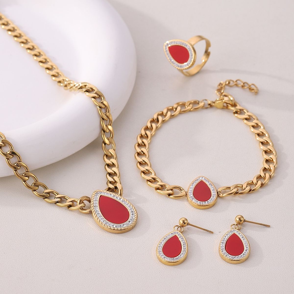 Kubanische Kette Bunte Perlmutt Zirkon Halskette Für Frauen Titan Stahl Wassertropfen Anhänger Ohrringe Ring Armband_voghion.com