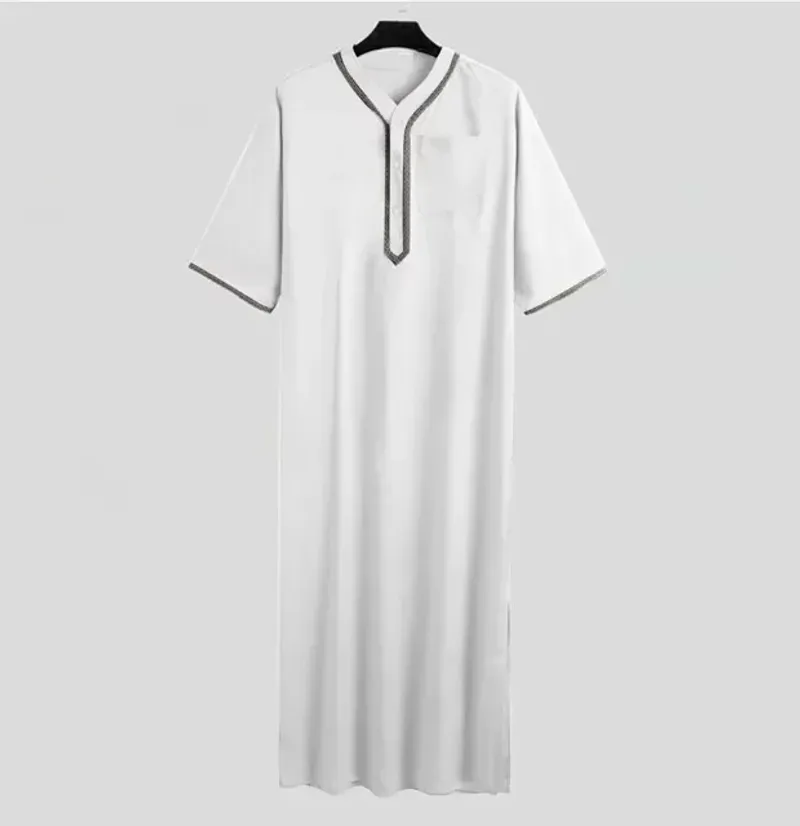 2025 hommes musulmans Jubba Thobe bouton fixe Kimono Robe moyenne saoudien musulman homme chemise col montant islamique arabe caftan hommes Abayas_voghion.com