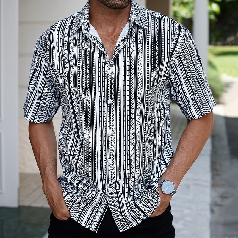 Men's Clothing New Products] Fashionable Black And White Striped Short Sleeved Shirt Men's Summer Casual All Match Shirt Cross Border Men's Clothing_voghion.com