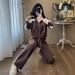 Women's Casual Two-Piece Outfit Set - Long Sleeve Top & Sport Pants, Comfortable Cotton Blend, Trendy 3D Print Design, Plus Size Available (Brown)_voghion.com