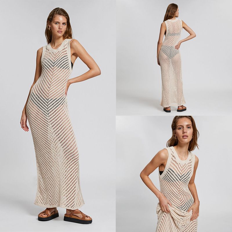Elegant Beach Cover-Up Dress - Breathable Knit Crochet Long Dress With Sexy Sheer Design, Perfect For Swimwear & Vacation_voghion.com