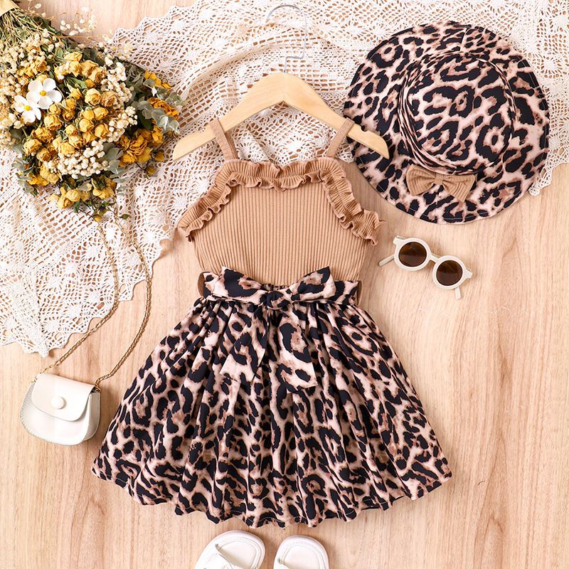 Babykleidung Kleid mit Leopardenmuster und Spitzennaht für Mädchen + Mütze_voghion.com