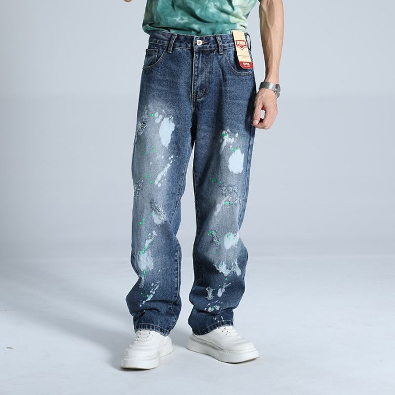 Jeans da uomo streetwear effetto schizzi di vernice – Lavati, gamba dritta, vestibilità comoda (taglie 31-38, stonewashed e leggermente elasticizzati)_voghion.com